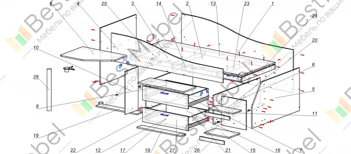 Схема сборки выдвижной детской кровати