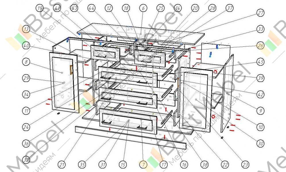 Чертеж комода с выдвижными ящиками