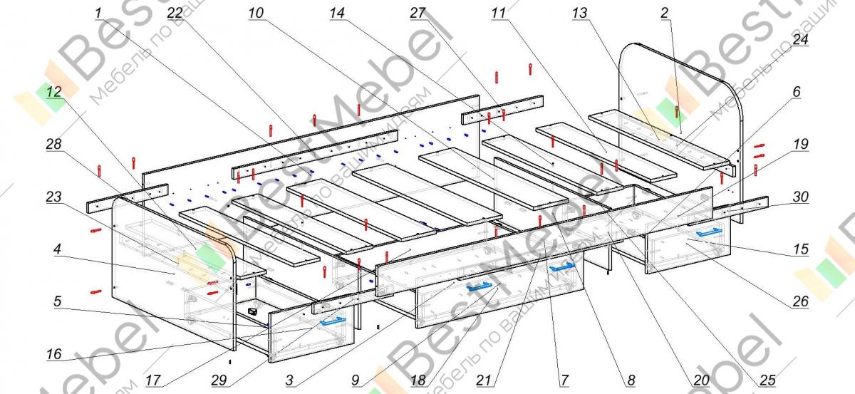 Схема сборки односпальной кровати с выдвижными ящиками