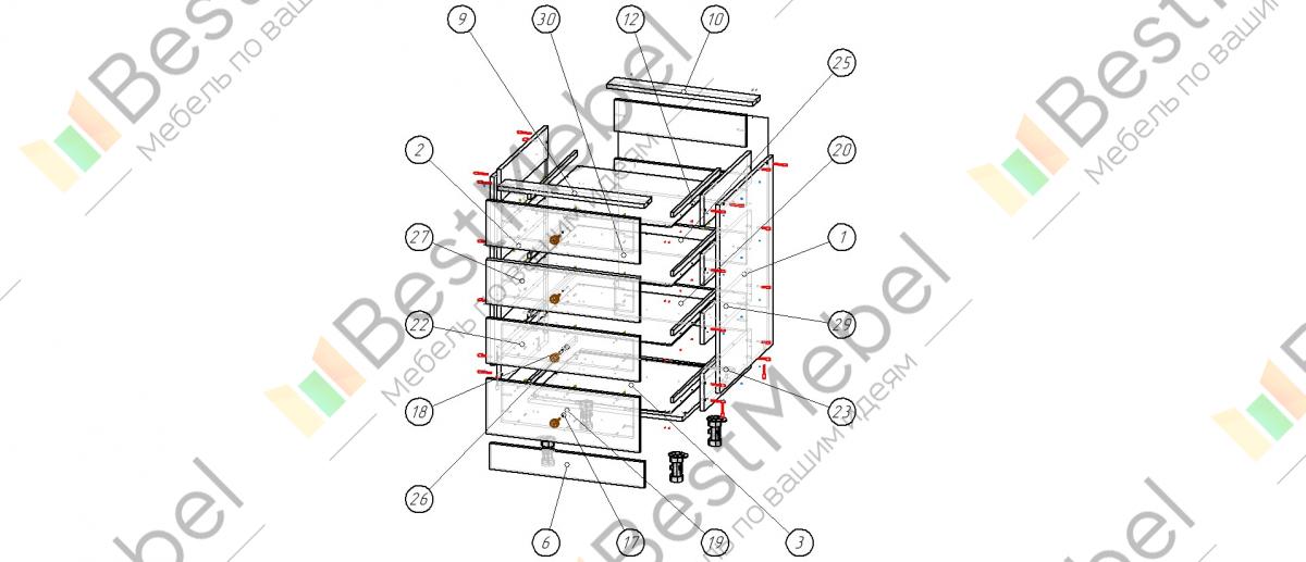 Схема сборки тумбы с выдвижными ящиками