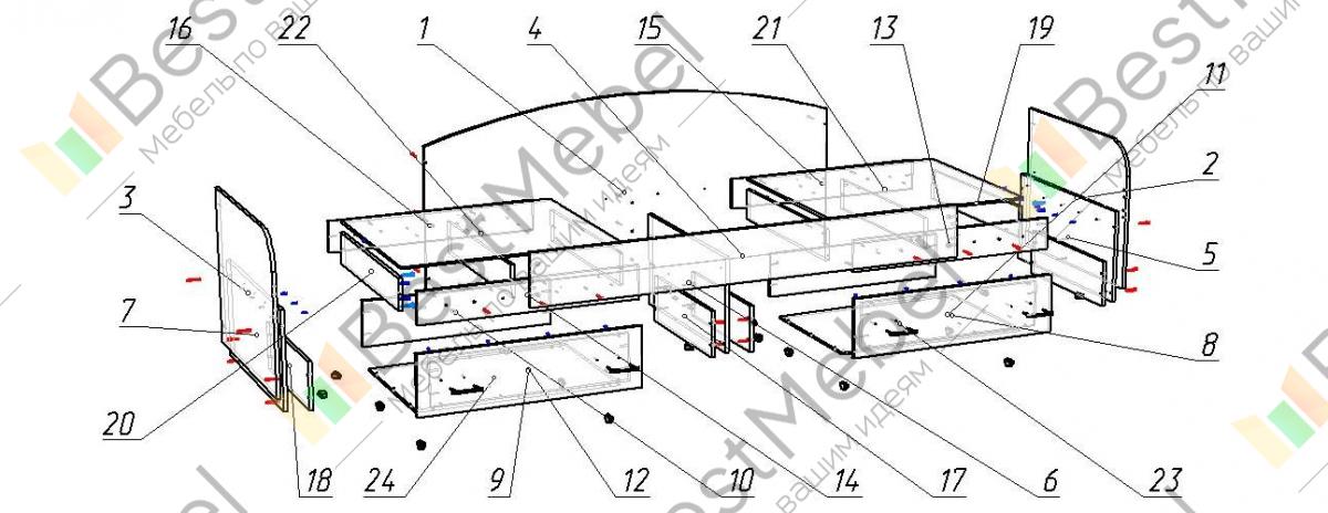 Схема сборки односпальной кровати с выдвижными ящиками