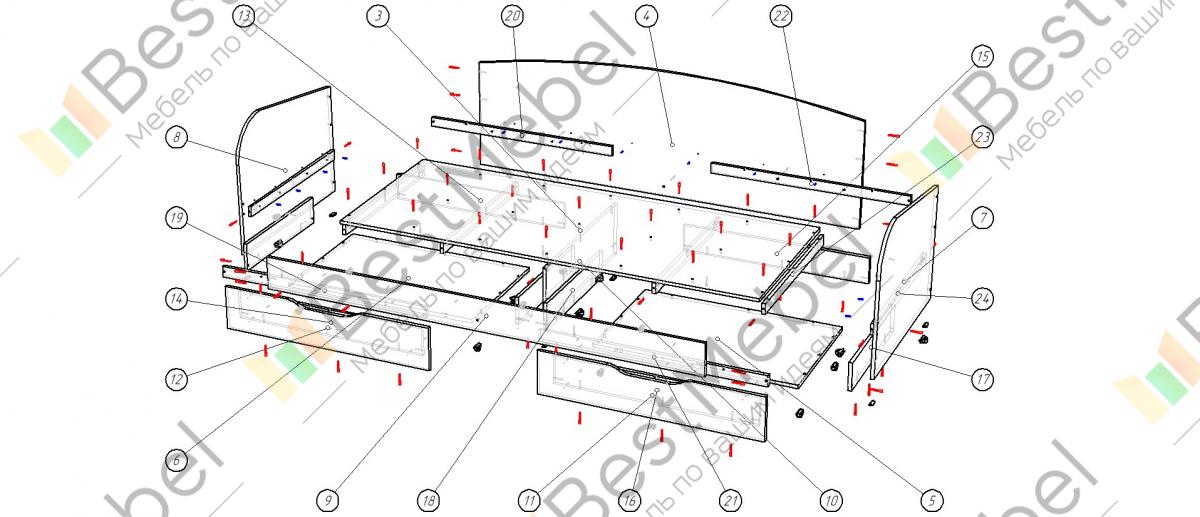 Схема сборки кровати односпальной с ящиками
