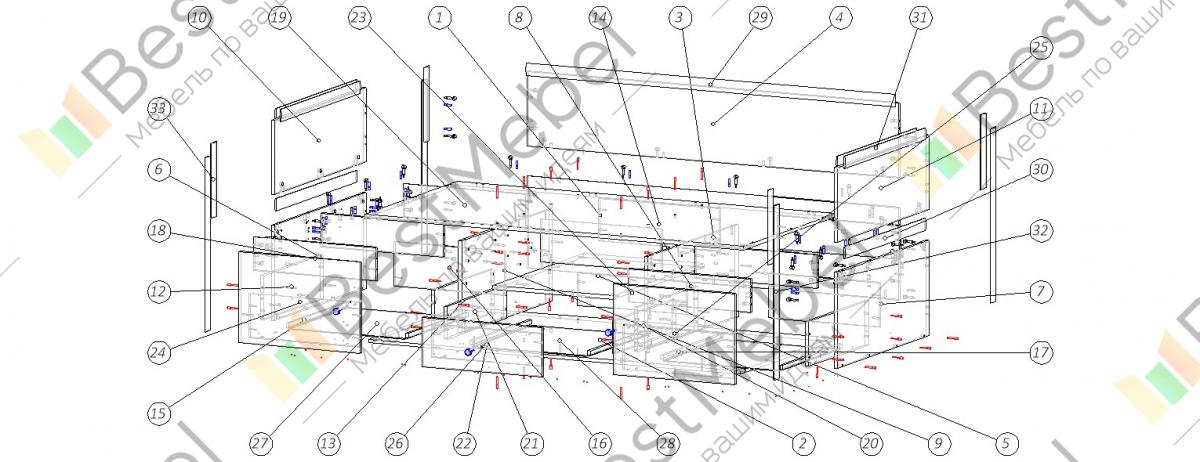 Схема сборки кровати с выкатными ящиками