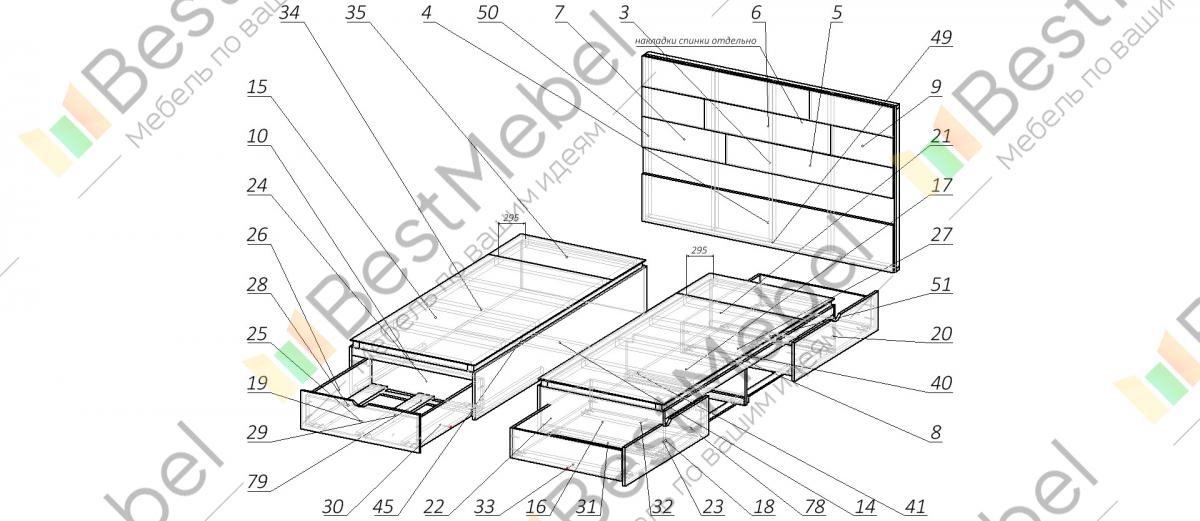 Схема сборки кровати с выдвижными ящиками